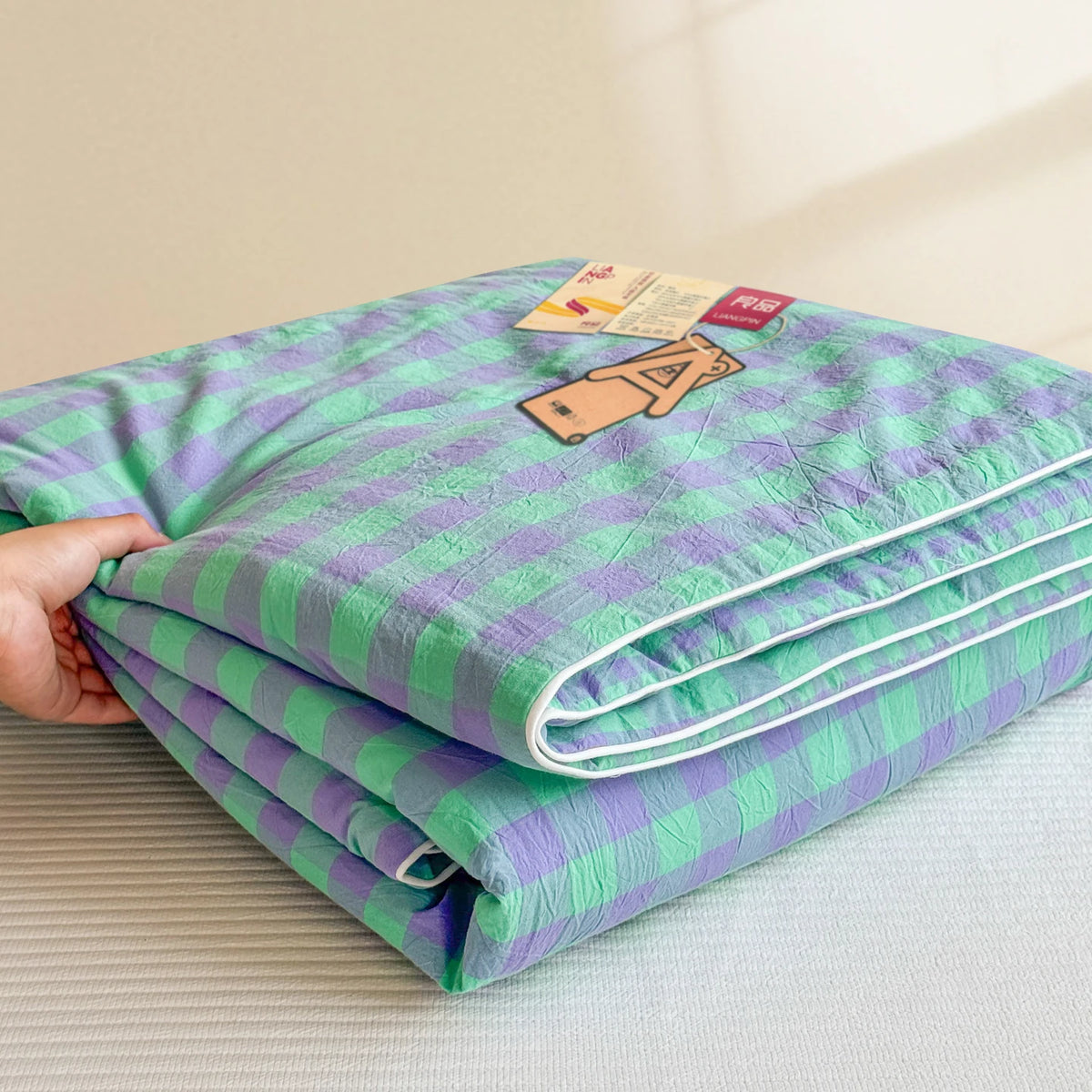 couverture d'été légère motif carreaux vert violet moderne chambre maison douce