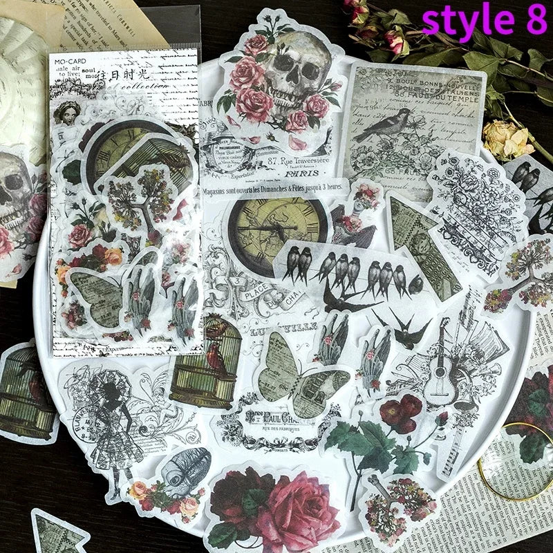 autocollants stickers végétaux fleurs feuilles oiseaux horloges mandalas papillons vintage romantique adhésifs