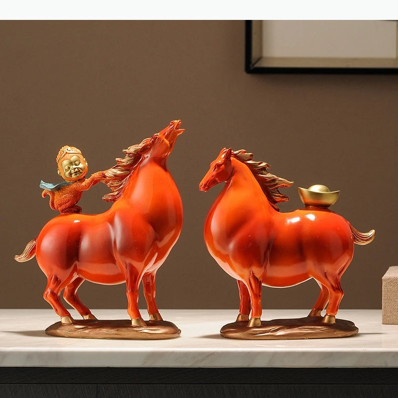 statues chevaux décoratives asiatiques blanc orange figurines humaines petits ornements dorés