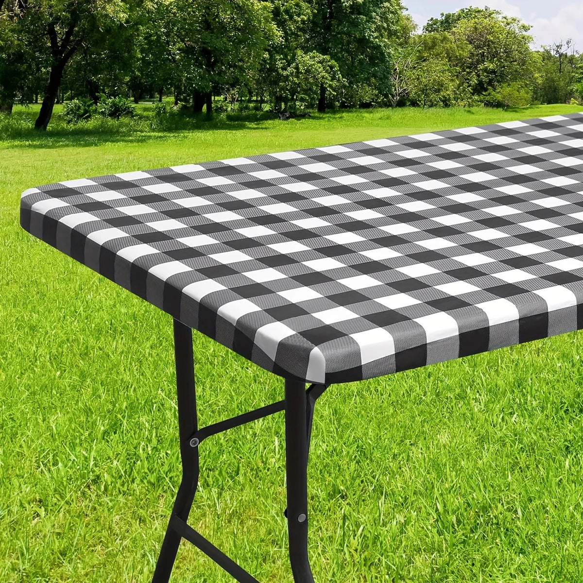 nappe table imperméable vert blanc carreaux moderne clips fixation camping usage extérieur