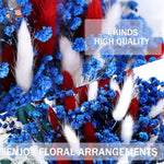 bouquet dried flowers rouge blanc bleu vert feuilles fleurs plumes ruban bleu naturel rustique