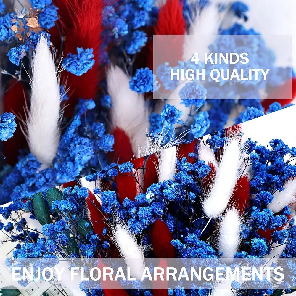 bouquet dried flowers rouge blanc bleu vert feuilles fleurs plumes ruban bleu naturel rustique