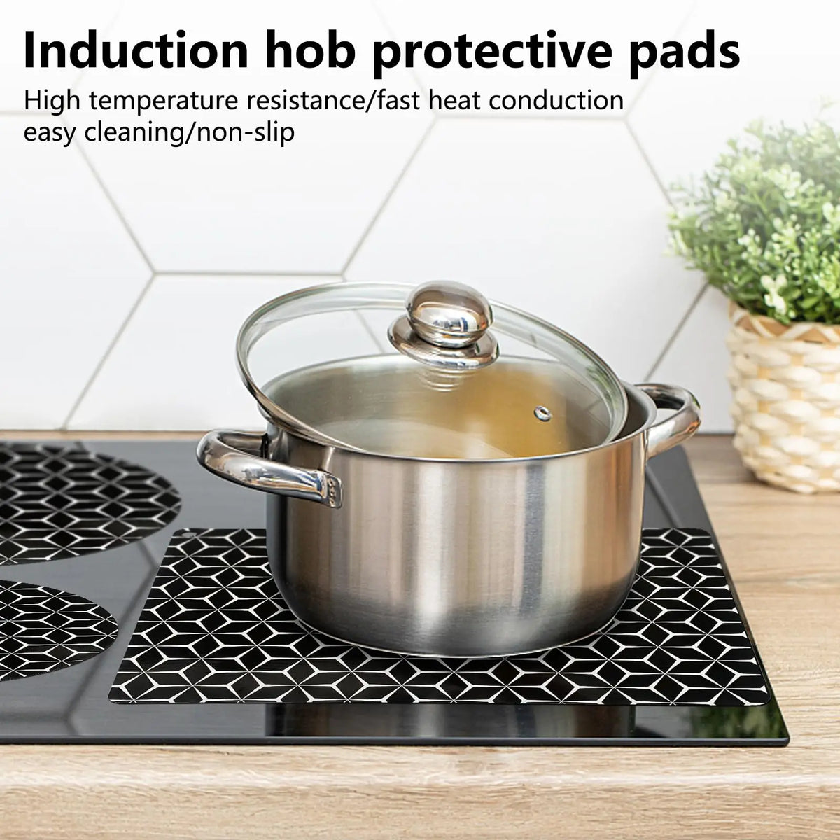 protège plaque induction silicone anti rayures moderne noir blanc hexagones adhésif durable rond rectangle