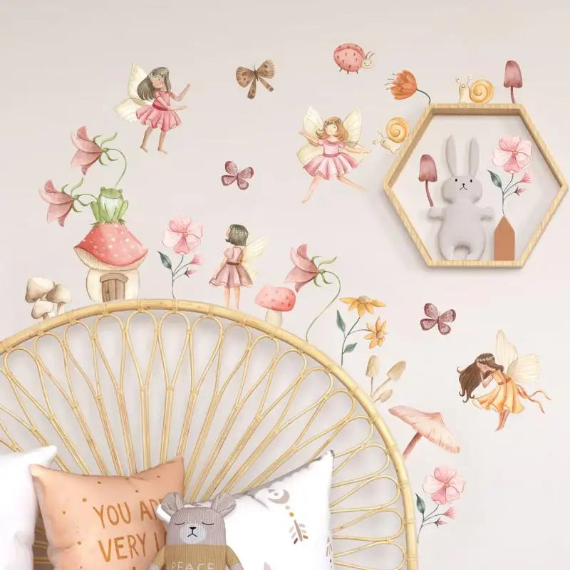 sticker mural decoratif feerie rose orange blanc illustration fleur papillon