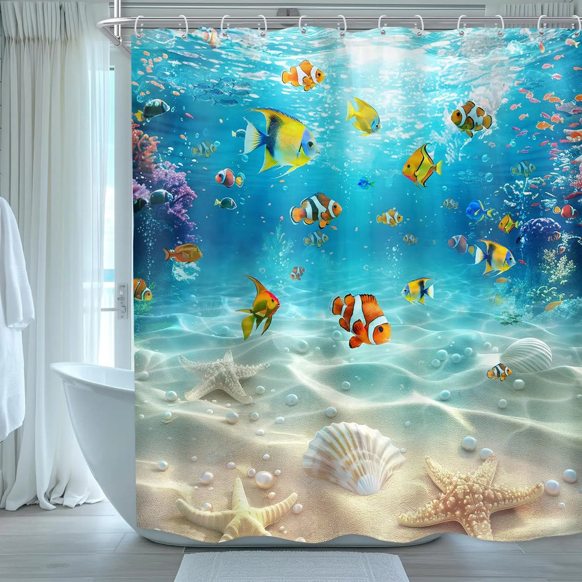 rideau douche thème marin poissons coraux étoiles mer coquillages moderne bleu orange jaune vert