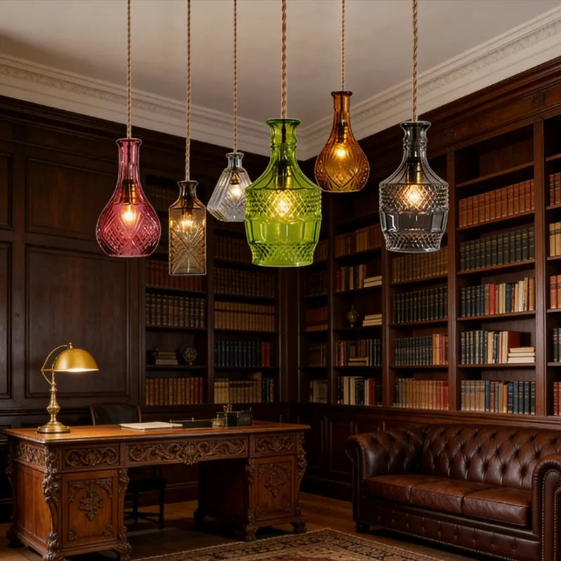 suspension lumineuse vintage verre transparent diamant gravé noir vert amber salon restaurant chambre