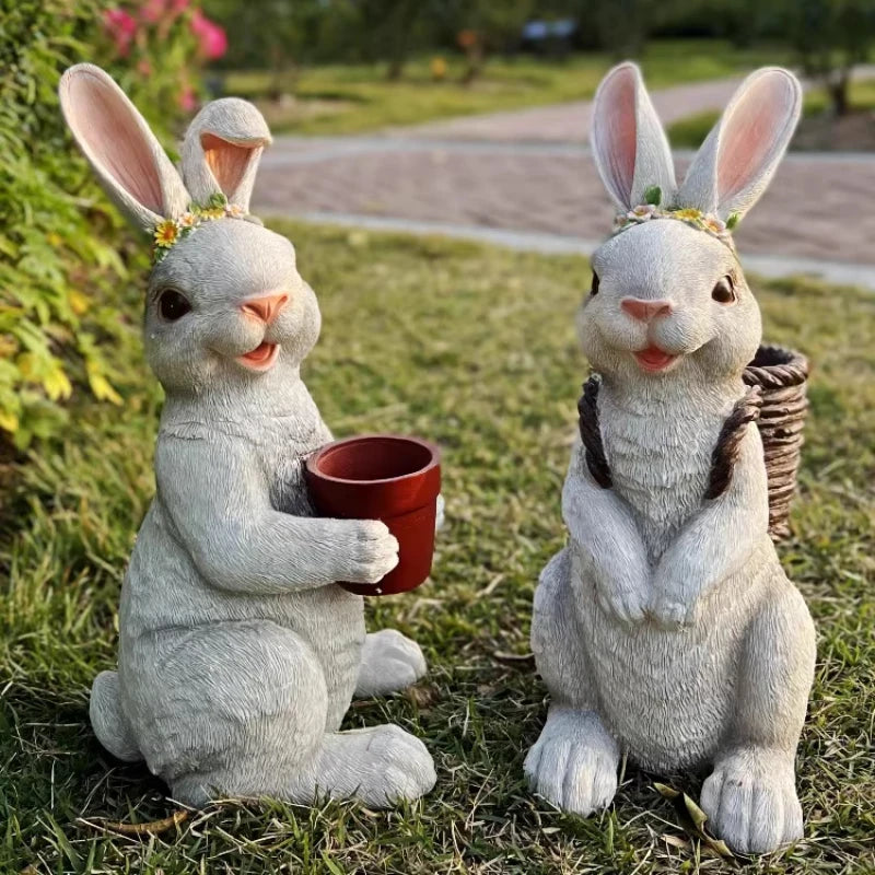 statue lapin résine gris clair oreilles tissu pot fleurs couronne colorée jardin décorationextérieur