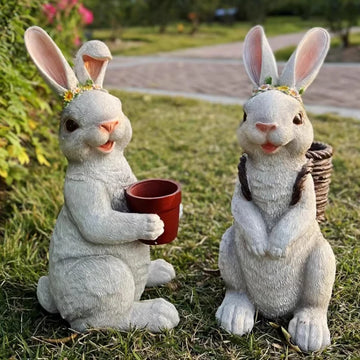 statue lapin résine gris clair oreilles tissu pot fleurs couronne colorée jardin décorationextérieur