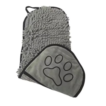 serviette bain chien chenille pattes imprimées grise bleue blanche confortable pratique
