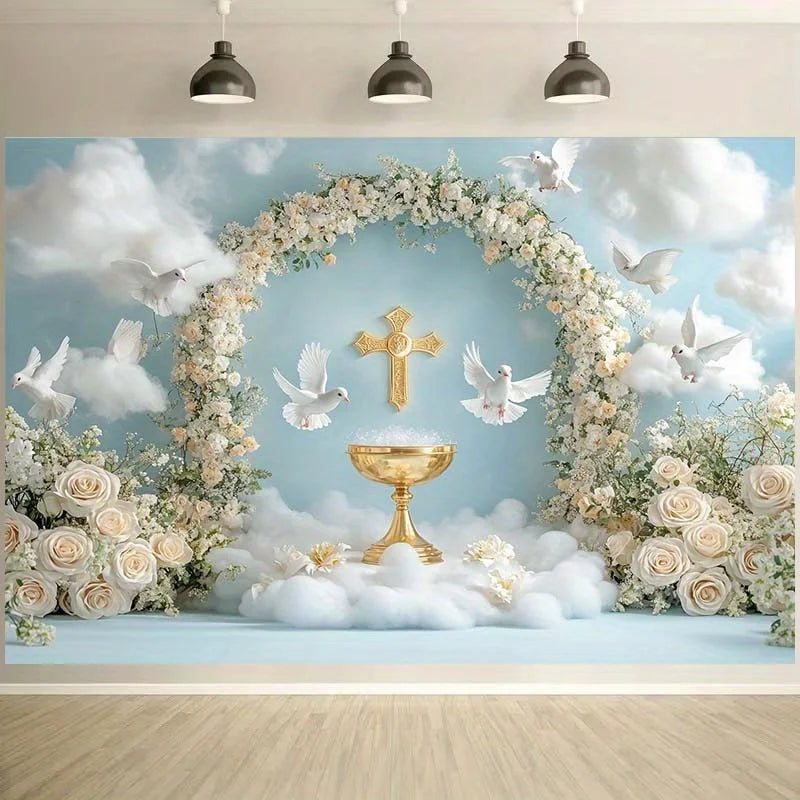 décoration murale mariage calice doré colombes blanches fleurs roses nuages croix festive
