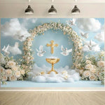 décoration murale mariage calice doré colombes blanches fleurs roses nuages croix festive