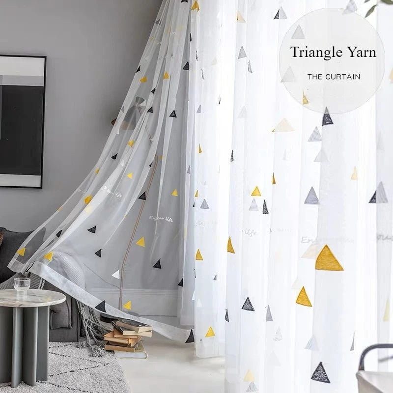 rideau moderne polyester transparent triangles brodés blanc jaune gris noir fenêtre chambre salonhôtel