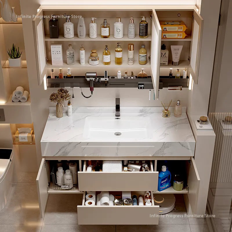 meuble salle bain blanc marbre moderne étagères miroir lumineux accessoires fixations murales