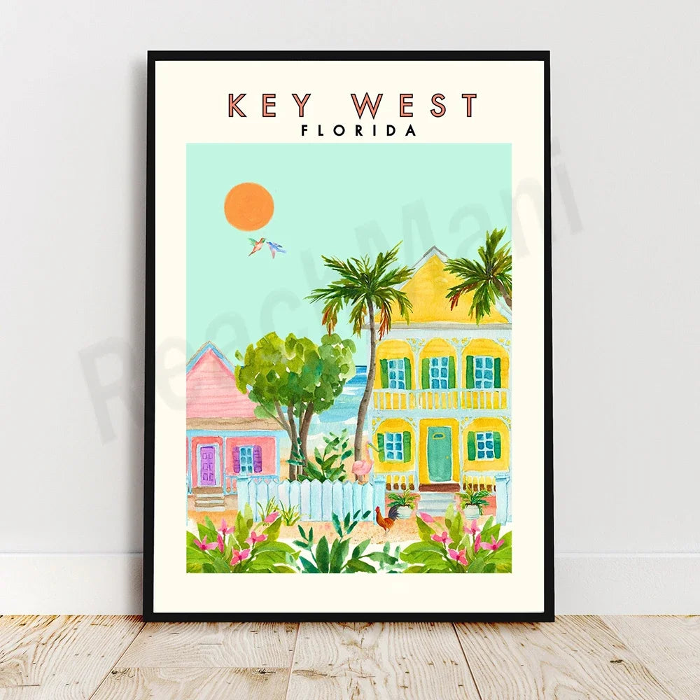 Affiche colorée et estivale représentant les maisons, les palmiers et le paysage de Key West en Floride.