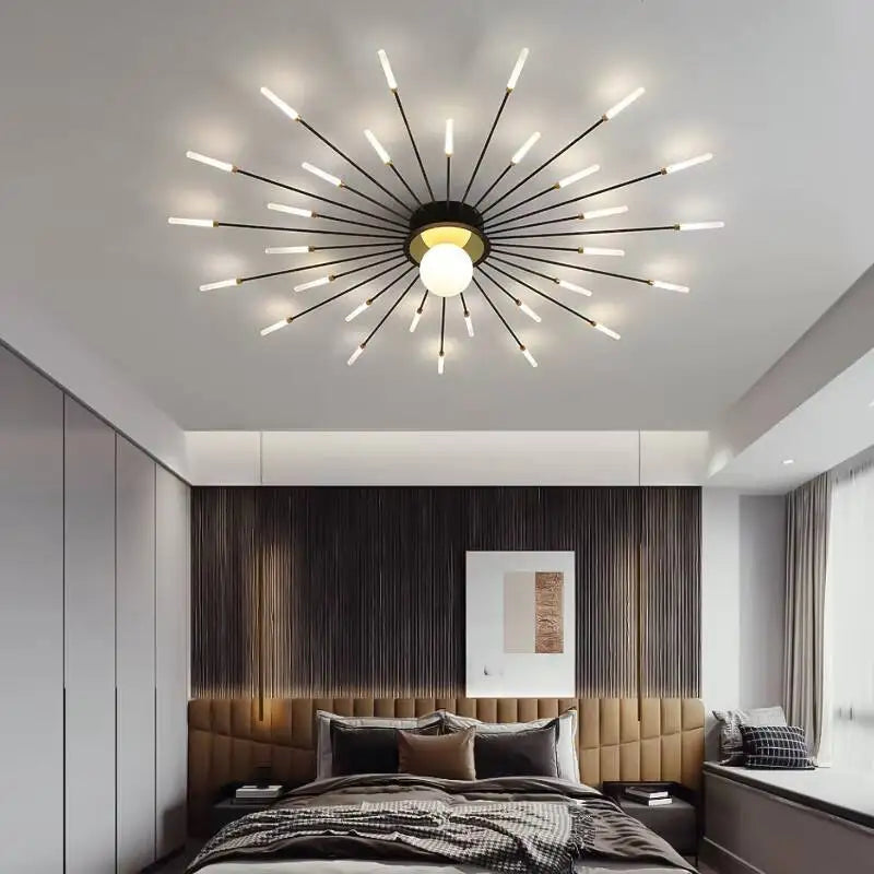 luminaire moderne or noir branches rayonnantes abatjour opaques décoration contemporaine chambre salon