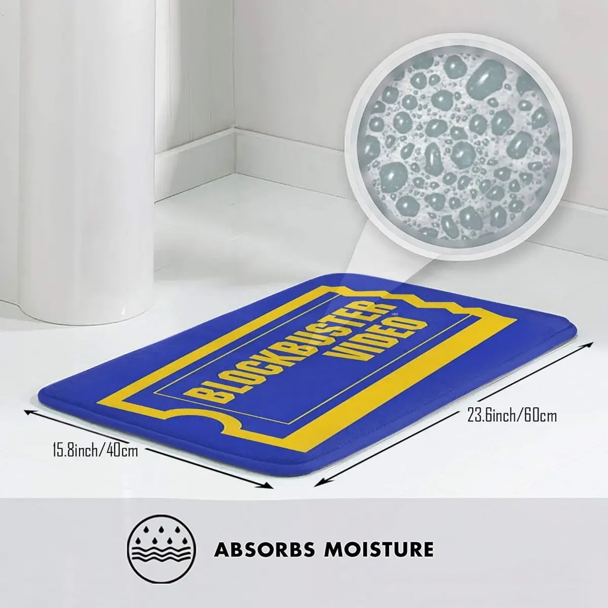tapis sol antidérapant imperméable coton polyester bleu foncé jaune motif blockbuster video rétro duveteux