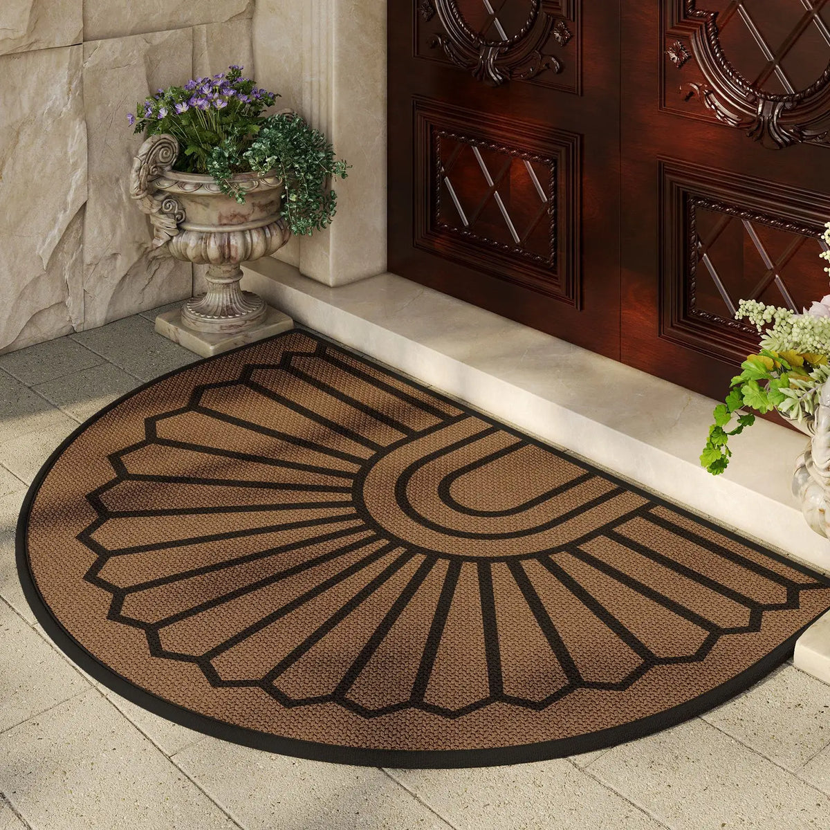 tapis d'entrée moderne marron clair noir rayures géométriques antidérapant extérieur salon large choix