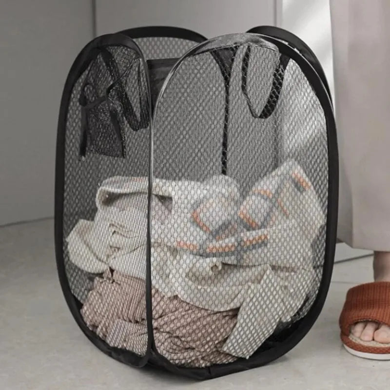 panier linge moderne pliable gris noir maille métal respectueux environnement poignées capacité grande