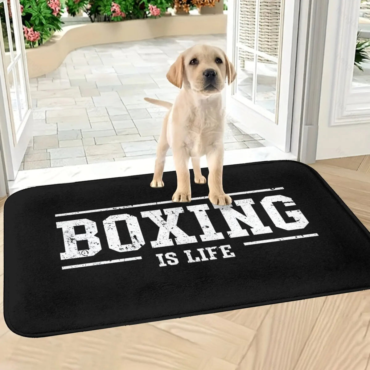 tapis sol noir boxing is life lettres blanches moderne antidérapant polyester 60x90cm