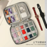 Sac bandoulière gris tissu uni pratique zipper bijoux accessoires chargeur câbles montres
