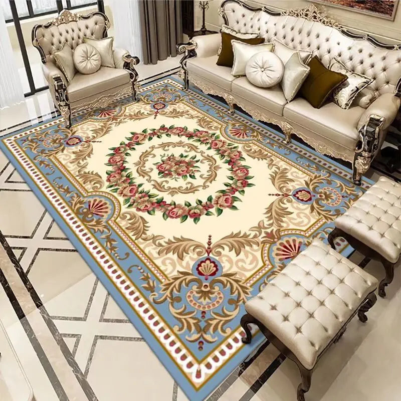 Un magnifique tapis ornementé aux motifs floraux et géométriques, posé sur un sol aux carreaux blancs et noirs, encadré par des meubles de style classique, reflétant une décoration intérieure élégante et raffinée.