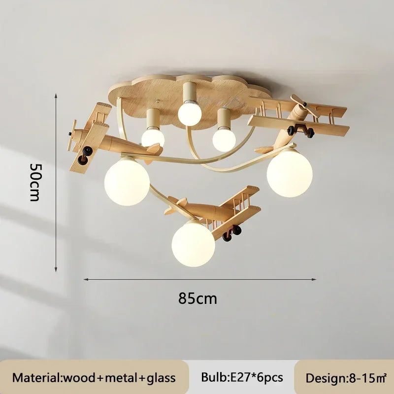 lampe bois naturel avions sphères translucides vintage moderne chambre enfants