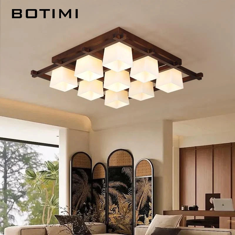 lampe moderne bois foncé abat jour blanc carré lumières led chambre salon