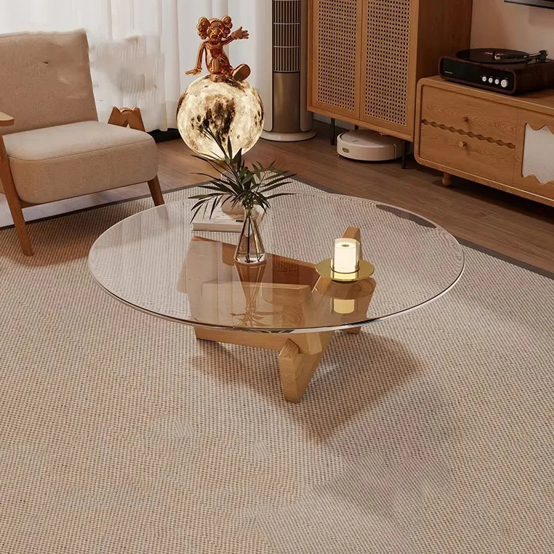 table basse moderne transparente bois marron clair plateau 70cm hauteur 31cm minimalistes