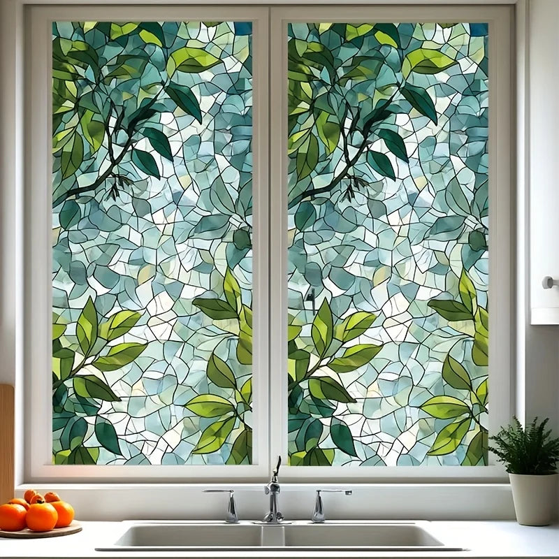 film décoratif adhésif feuilles vertes motif mosaïque semi transparent nature vitrail 100cm 45cm