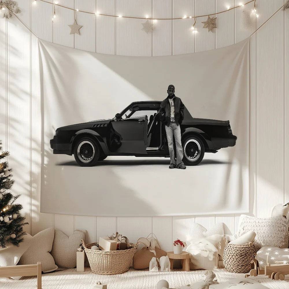 tapisserie murale décoration salon voiture noire homme debout moderne tissu noir blanc grande taille