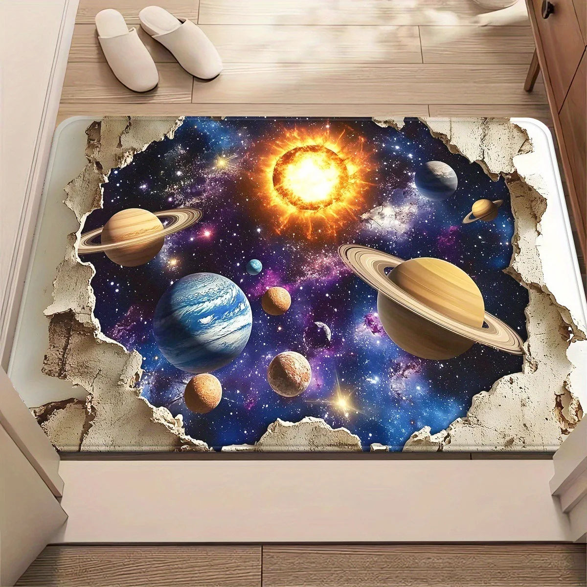 tapis moderne astronaute planètes beige bleu noir blanc antidérapant salon chambre