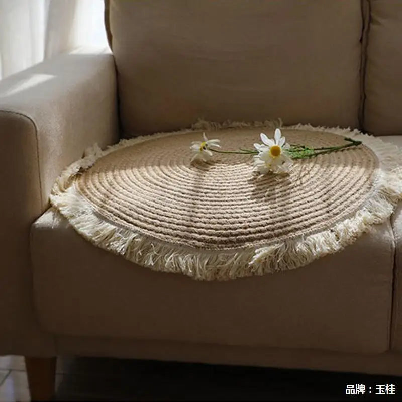 tapis boho spirale concentrique franges antidérapant coton beige clair rustique fleurs artificielles salon chambre