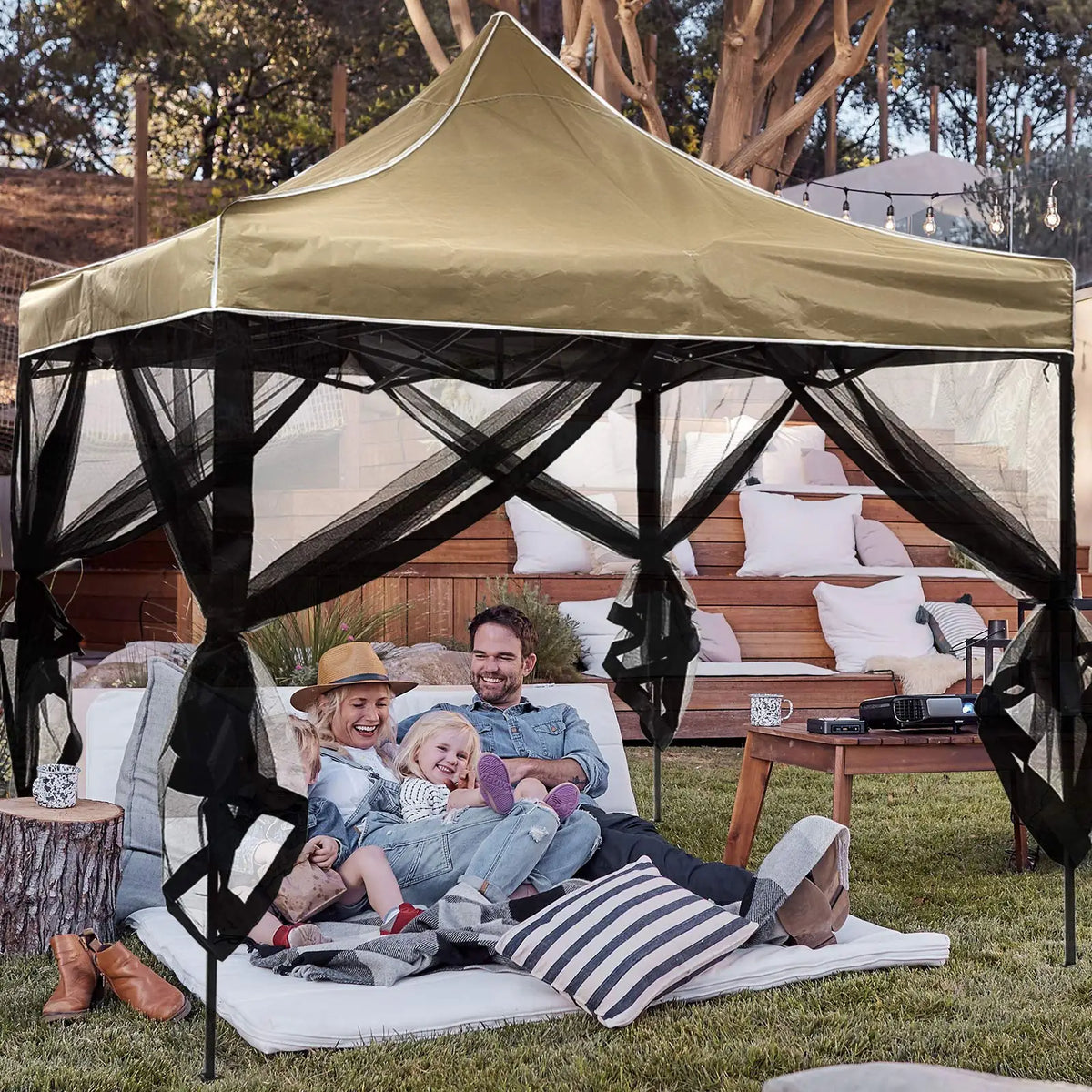 moustiquaire extérieure tente pavillon quadratique polyester traité insecticide pliante moderne beige noir imperméable anneaux