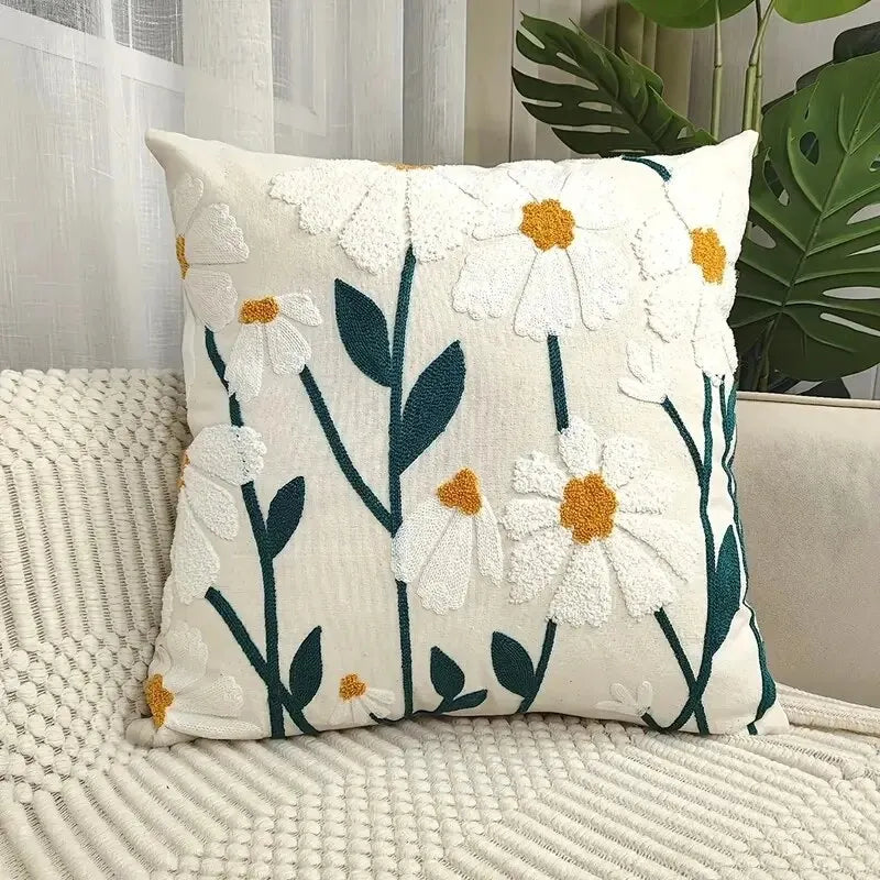 housse coussin carré motif floral moderne jaune gris coton blanc élégante