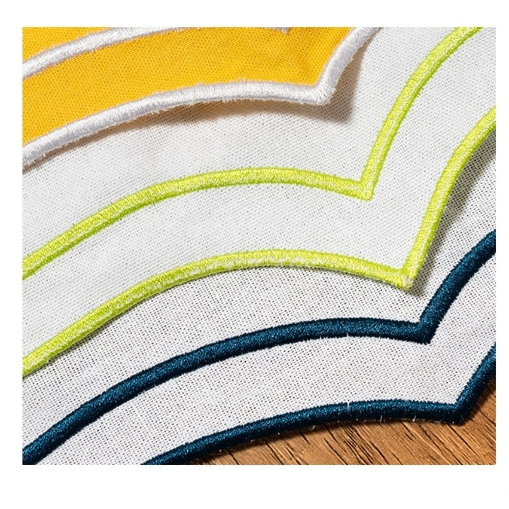 serviettes table tissu vert blanc bleu marine jaune bordures géométriques classiques respectueux environnement 40x40cm