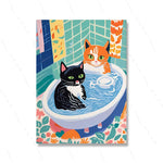 toile d'art illustration chats salle bain moderne bleu blanc motifs floraux