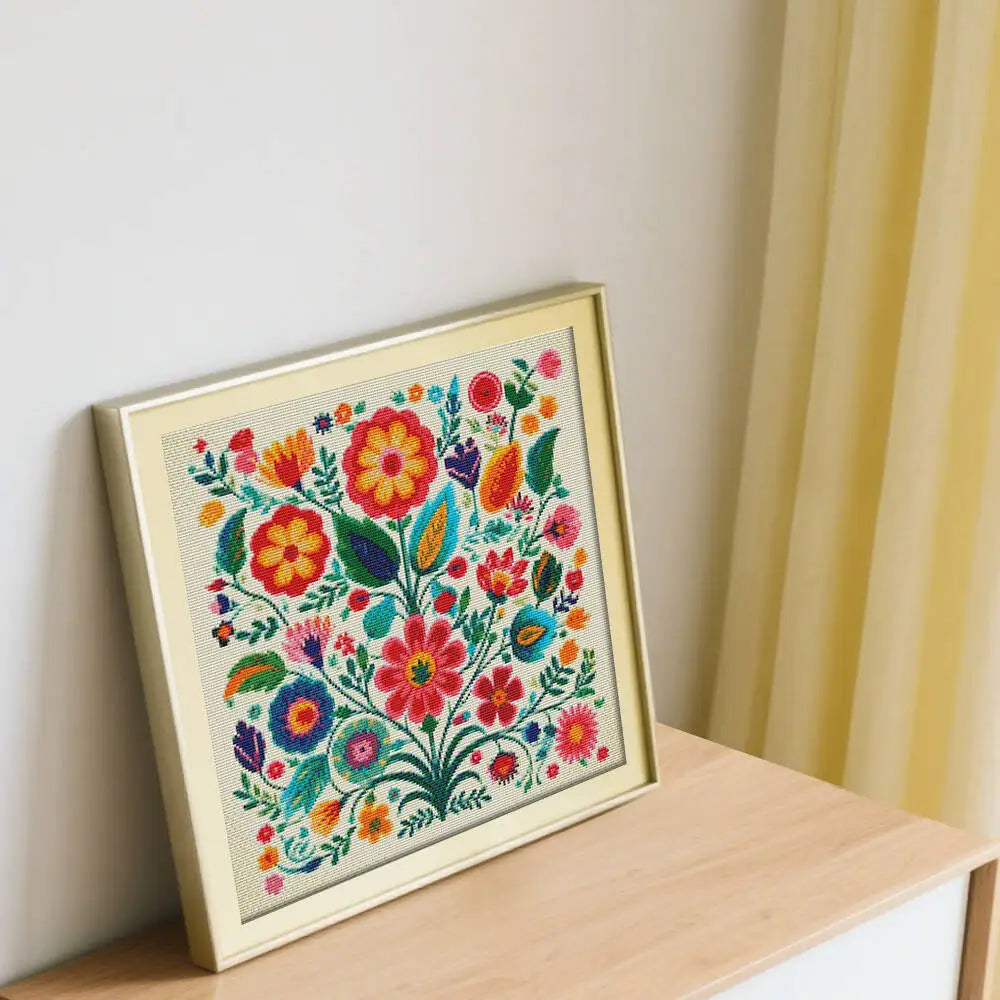 kit broderie point croix motifs floraux colorés toile imprimée aiguilles fils schéma guide technique