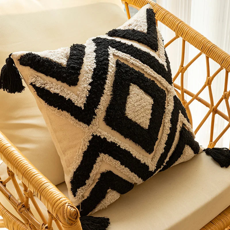 coussin carré géométrique brodé noir blanc rayures moderne amovible lavable 45x45cm