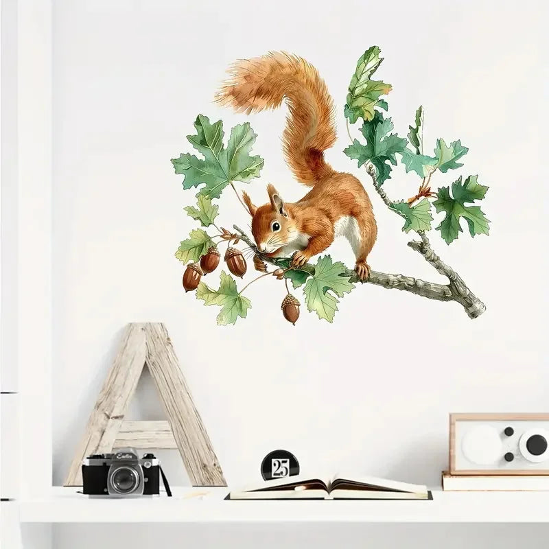 autocollants murals pvc réutilisables illustration écureuil glands branche feuilles moderne marron blanc vert adhésifs