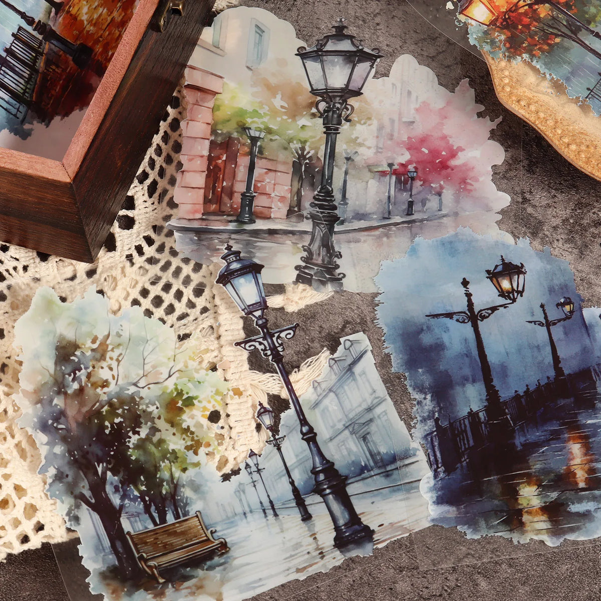 scène urbaine aquarelle lampadaires arbres bâtiments pluie feuilles d'automne nuages stickers murals déco vintage