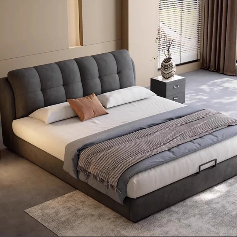 lit moderne gris velours tête matelas coussins tapis tringles chambre accessoires bois