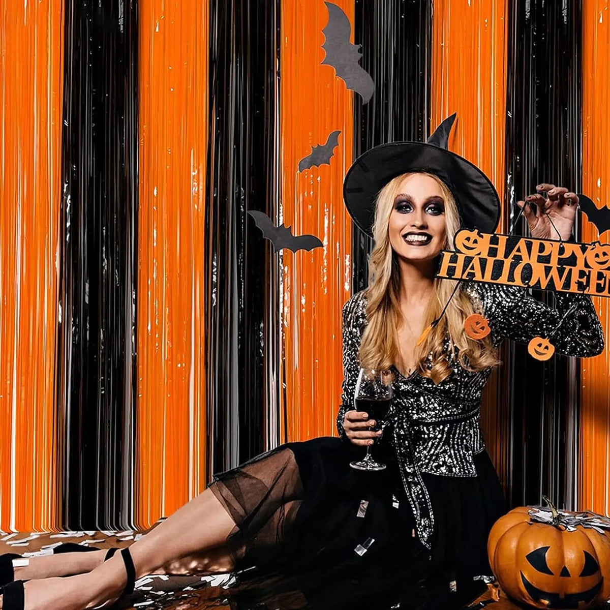 rideau guirlande orange noir rayures halloween décoration murale anniversaire mariage