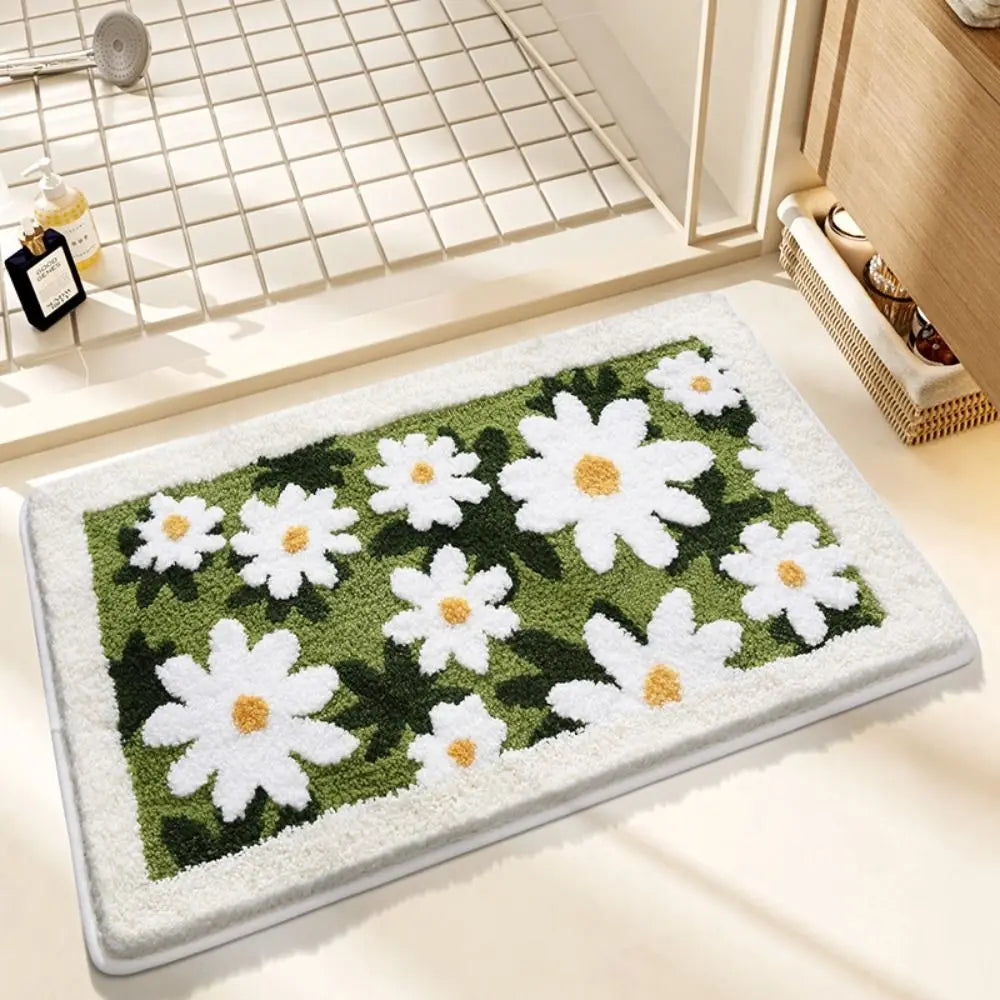 tapis sol fleurs naturel beige blanc vert salle bain intérieur antidérapant durable polyester feutre