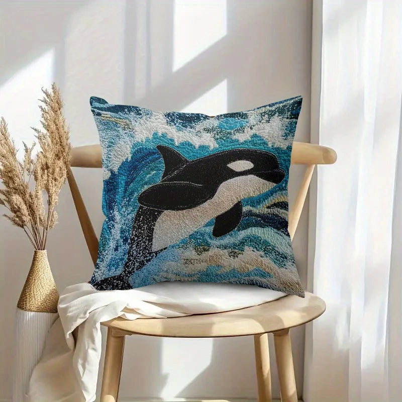 housse coussin orque vague océan bleu noir blanc moderne 100 polyester carré 45x45cm decoration