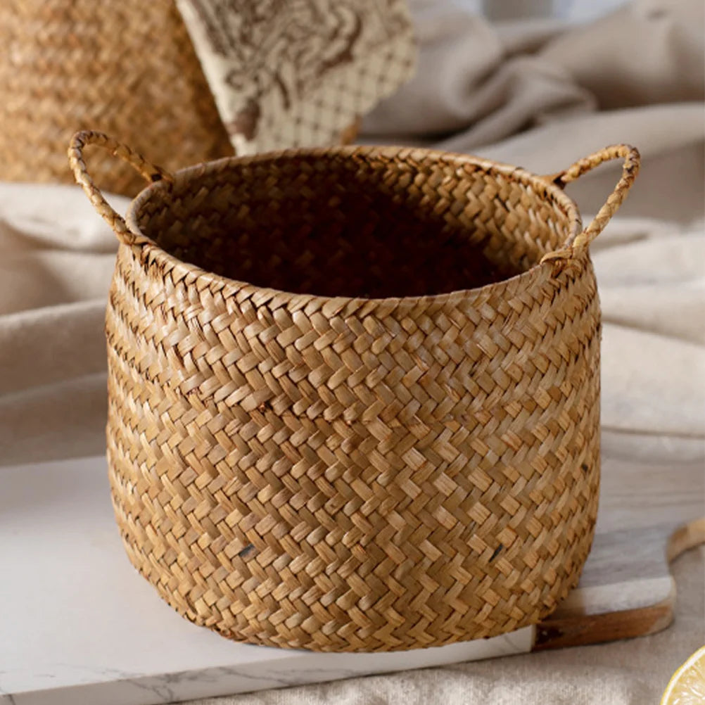 panier tressé marron clair bohème rustique magazines herbes séchées tissus opacité totale