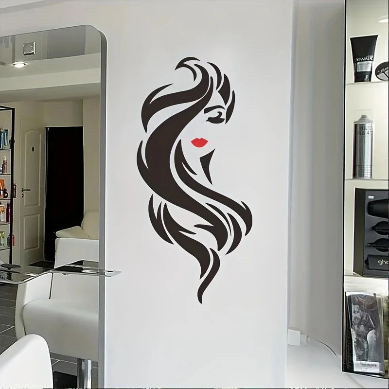 sticker mural art moderne silhouette femme cheveux stylisés noir rouge chambre salle bain pvc
