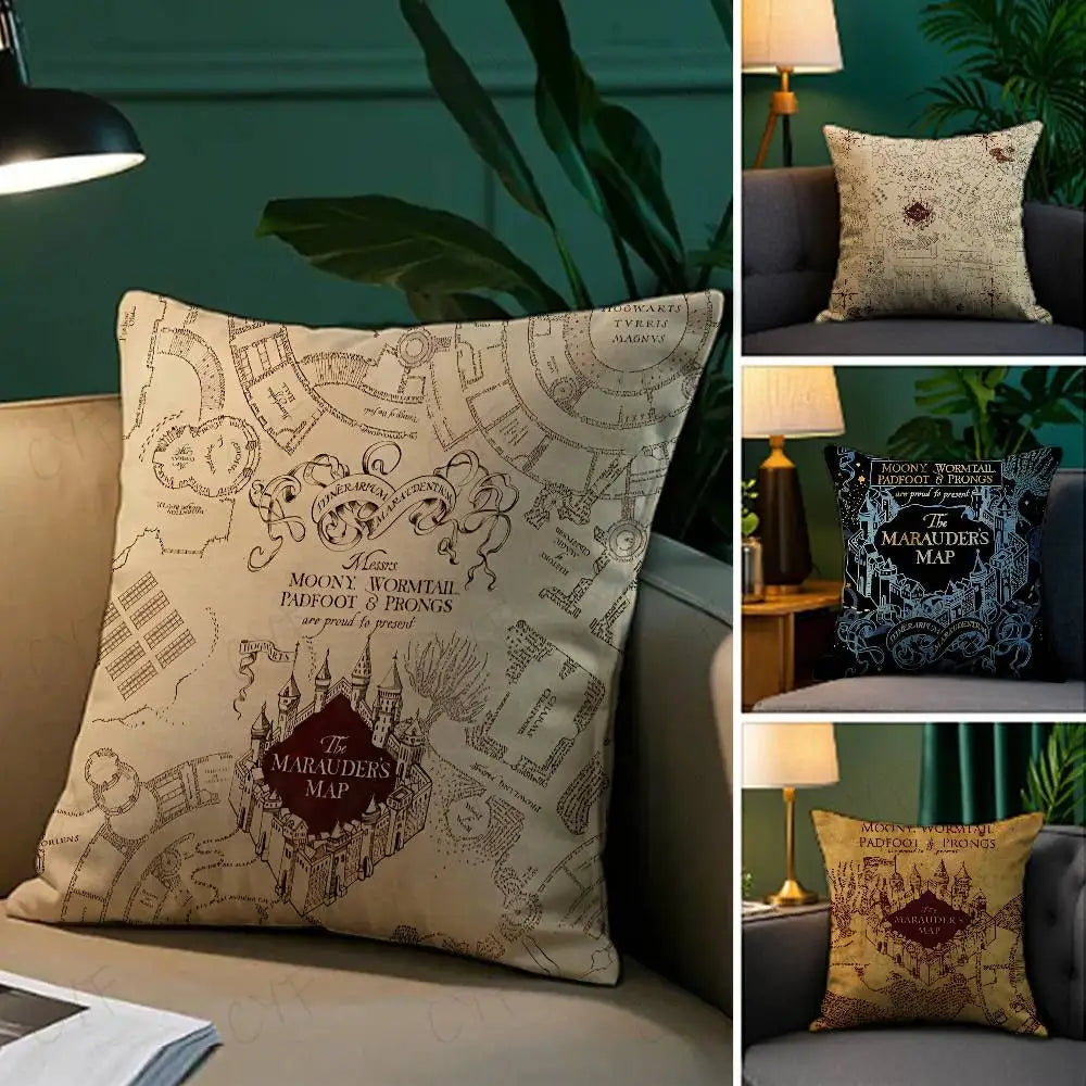 coussin beige carte poudlard harry potter vintage décoration chambre lit maison objet collection