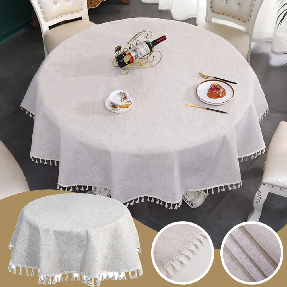 nappe ronde table extérieure beige clair franges pompons diamètre 60 90 160 180 cm