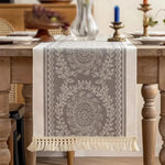nappe table beige geometrique franges tissage rustique boheme abstrait 180cm 35cm