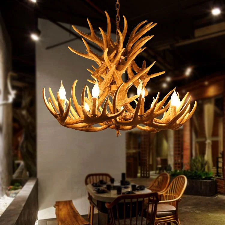 lustre vintage antlers marron clair salon rustique ampoules led murale cottage